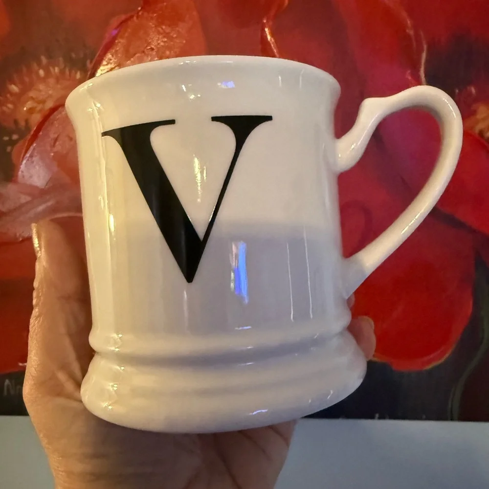 Williams Sonoma White Mug with Black Monogram V